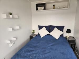 1 dormitorio con 1 cama azul y 2 almohadas en Sosnowe Zacisze, en Rydzewo
