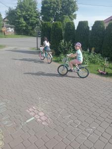 Dos niños montando bicicletas por un camino de ladrillo en Villa pod gruszą, en Połom Mały