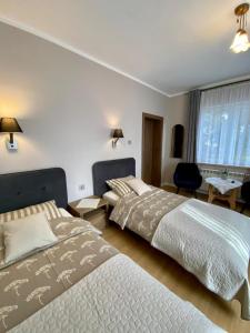 a hotel room with two beds and a window at Agroturystyka JAGODA in Błonie
