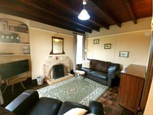 a living room with a couch and a fireplace at Brynifor Llangrannog in Llwyn-Dafydd