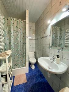a bathroom with a sink and a toilet and a shower curtain at Agroturystyka JAGODA in Błonie +15 photos