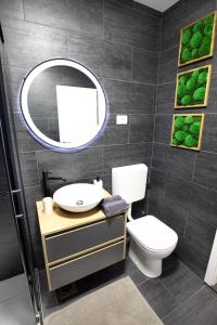 a bathroom with a toilet and a sink and a mirror at City Center Modern Suite JAKAM in Koper