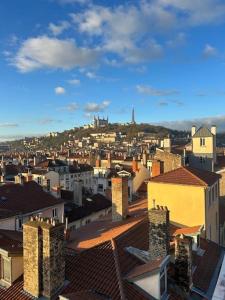 Blick auf eine Stadt mit Gebäuden und einem Schloss in der Unterkunft Mirador T2 ensoleillé place des Terreaux vue Fourvière in Lyon