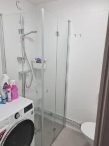 y baño con ducha y lavadora. en Renovated Georgian esque style apartment, en Malmö