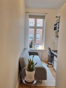 a living room with a couch and a window at Renovated Georgian esque style apartment in Malmö
