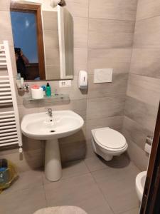 ein Badezimmer mit einem Waschbecken, einem WC und einem Spiegel in der Unterkunft Hotel Lombardia in Seveso