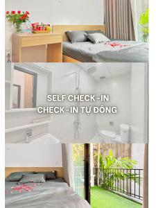 a collage of three pictures of a bed in a room at Our Homestay in Hue - SELF CHECKIN in Hue