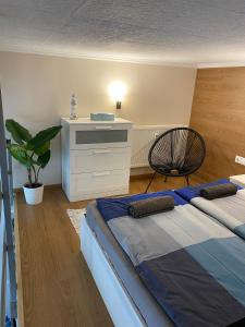 um quarto com uma cama, uma cómoda e uma planta em Anna Apartman em Csopak
