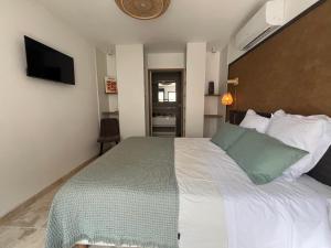 um quarto com uma cama grande e almofadas verdes e brancas em La maison d'HamiH "Gîte et Chambres d'hôtes em Uzès