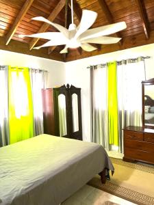 Schlafzimmer mit einem Bett und einem Deckenventilator in der Unterkunft Golden View in Saint Mary