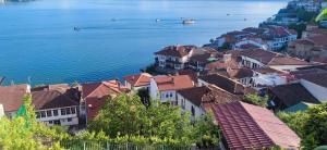 a group of buildings on a hill next to the water at Villa Malezan in Ohrid