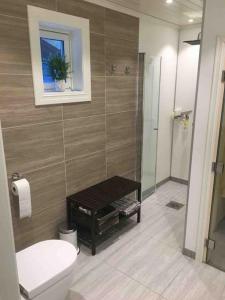 a bathroom with a toilet and a walk in shower at Hytte med god standard in Stranda