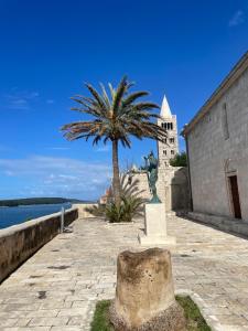 a palm tree next to a building with a church at Apartmani Marković RAB in Palit