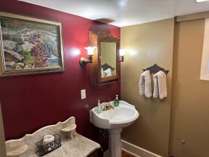 een badkamer met een wastafel en een spiegel bij Inn on Fox Meadow - Spacious Victorian Inn in Gaithersburg