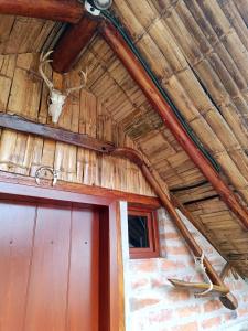 a ceiling of a building with a door and antlers at Chimborazo Basecamp in Chimborazo