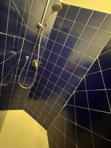 um chuveiro na casa de banho com uma parede de azulejos azuis em STATION AND AiRPORT ROOM'S em Pisa