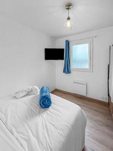 ein Schlafzimmer mit einem Bett mit einer blauen Decke darauf in der Unterkunft L'évasion paisible à Ouistreham in Ouistreham