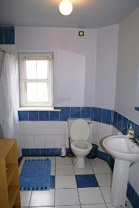 uma casa de banho azul e branca com WC e lavatório em Sheraton Lodge Apartments t12e309 em Cork