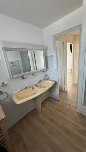 uma casa de banho com um grande lavatório e um espelho em La Guérinette em Cancale