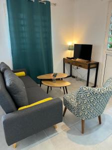 a living room with a couch and a desk with a computer at BE BLUE GREEN in Fort-de-France