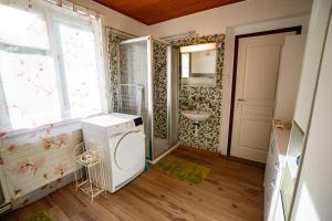 ein Badezimmer mit einer Waschmaschine und einem Waschbecken in der Unterkunft Gemütliches Haus mit Terasse und Feuerstelle in Lengnau