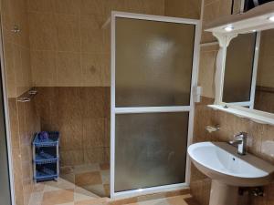a shower with a glass door next to a sink at Villa Bungaroo in Pereybere