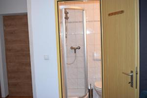 bagno con doccia e porta in vetro di Hirschstube Nauders a Nauders