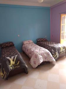 a bedroom with two beds and a blue wall at bienvenue agreable et chaleureuse in Biskra