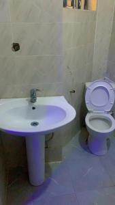 Blue Moon Hotel Victoria Island في لاغوس: حمام مع حوض أبيض ومرحاض