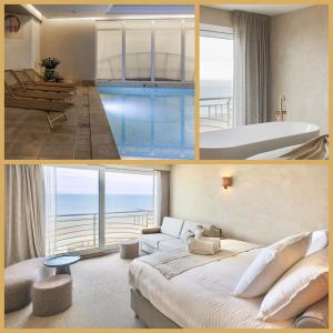 a hotel room with a bed and a view of the ocean at Hotel Beach Palace in Blankenberge