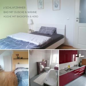 2 fotos de un dormitorio con cama y baño en Muldenblick DG Wohnung, en Trebsen