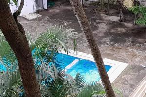 una piscina azul entre dos palmeras en Aanandamay Homestay en Revadanda