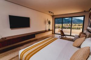 uma sala de estar com uma cama grande e uma televisão de ecrã plano em Hacienda Las Flores Valle de guadalupe em El Porvenir