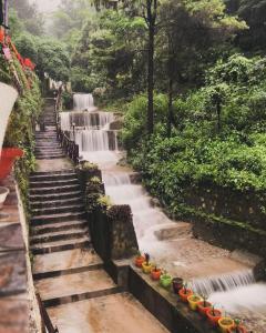 uma escada que leva a uma cascata com vasos coloridos em Little Heaven - Cabin 2 em Rājpur