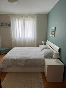 ein Schlafzimmer mit einem großen Bett und einem Fenster in der Unterkunft Apartament Sanja Novigrad in Dajla