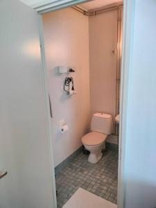 a small bathroom with a toilet and a shower at Railway&bus station studio in Oulu