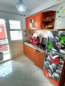 a kitchen with a stove and a counter with butterflies on the wall at Cosy apartement close to the AIRPORT in Tangier