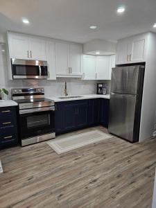 a kitchen with blue cabinets and stainless steel appliances at Poolside entire lower level apt in Whitby