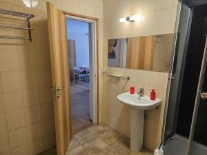 a bathroom with a sink and a shower and a mirror at Kapucino in Jūrmala
