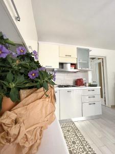 皮索涅的住宿－Casa Berlai, bilocale sul lago，厨房配有白色橱柜和紫色鲜花