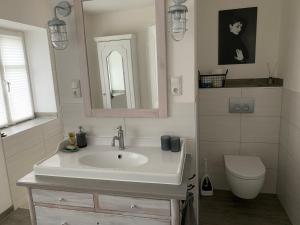 a bathroom with a sink and a toilet at Haus Finchen - Alte Näherei in Hückelhoven