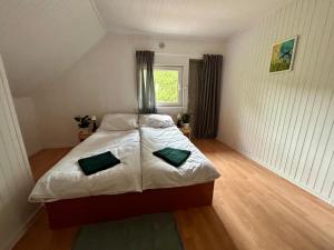 a bedroom with a bed with white sheets and green pillows at Siedlisko Nad Potokiem in Hołuczków