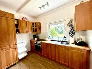 a kitchen with wooden cabinets and a sink and a window at Siedlisko Nad Potokiem in Hołuczków +15 photos