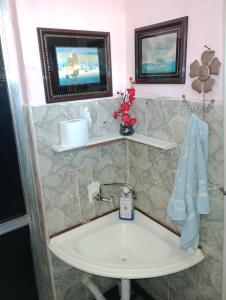 uma casa de banho com um lavatório e um espelho em Pousada Lua Nua em Niterói