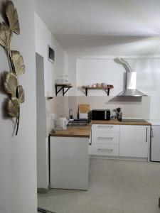 een keuken met witte kasten en een aanrecht bij Apartman Kućica u cveću in Jagodina