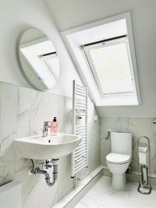 ein Bad mit einem Waschbecken und einem WC mit einem Dachfenster in der Unterkunft Etagen-Wohnung nahe Flughafen Hamburg in Norderstedt