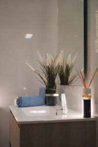 a bathroom with a sink with two plants on it at Zahara Beach EL REFUGIO in Zahara de los Atunes