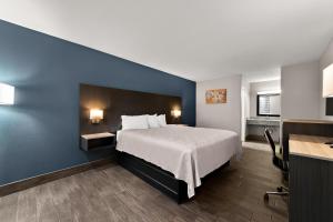 Econo Lodge Inn & Suites في لاريدو: غرفة فندق بسرير وجدار ازرق