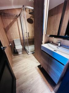 uma casa de banho com um lavatório, um chuveiro e um WC. em Salles Beach Duplex Apartamento 45 em L'Estartit