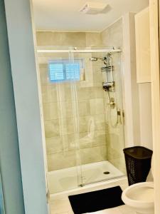 uma casa de banho com um chuveiro e um WC. em Newly renovated first floor apartment getaway em Springfield